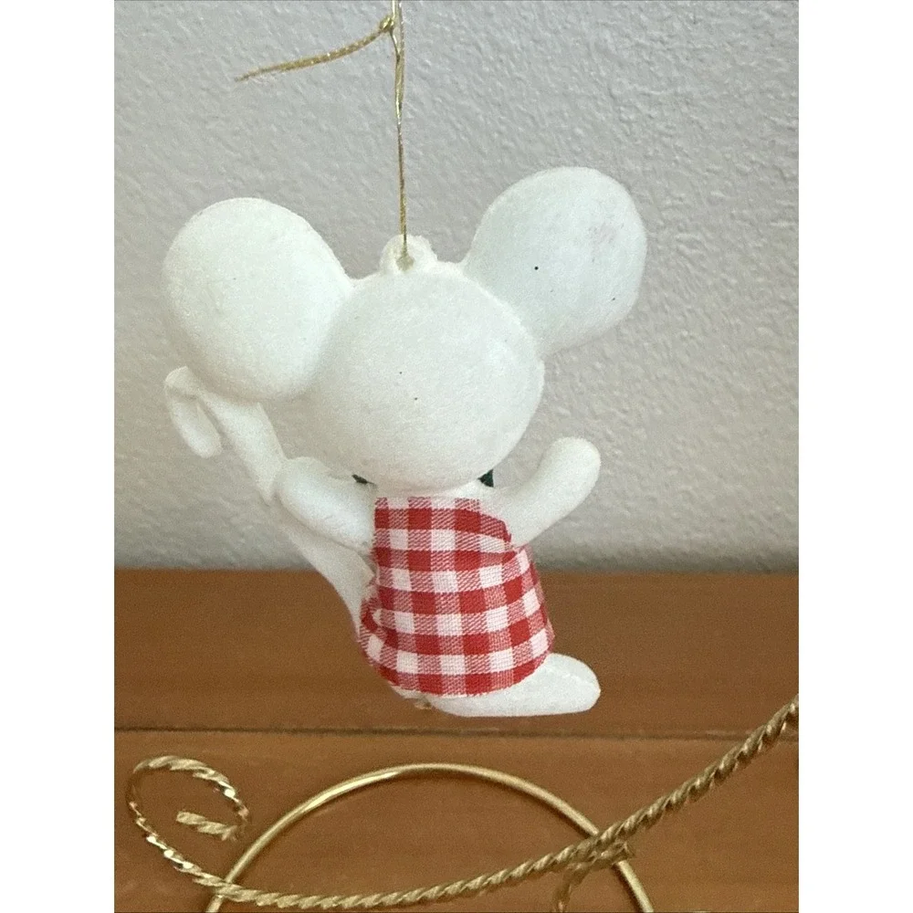 Pair Vintage Flocked White Christmas Mouse Ornaments Kitsch MCM